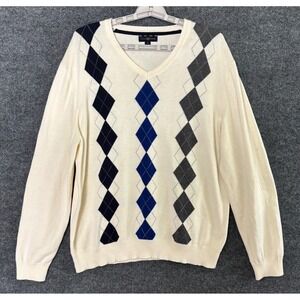 Club Room Mens‎ Argyle V Neck Sweater Cream Blue Gray XL Cotton Long Sleeve